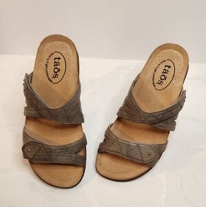 Taos Premier Leather Comfort Support Adjustable Straps Greige Brown Sandal Sz 6
